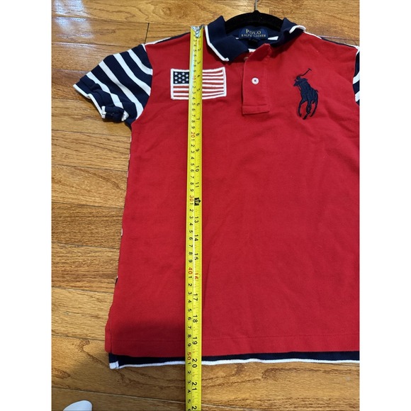 Polo Ralph Lauren Large PONY Polo logo USA Flag patch Shirt Boy 8 Red White Blue - Picture 8 of 8